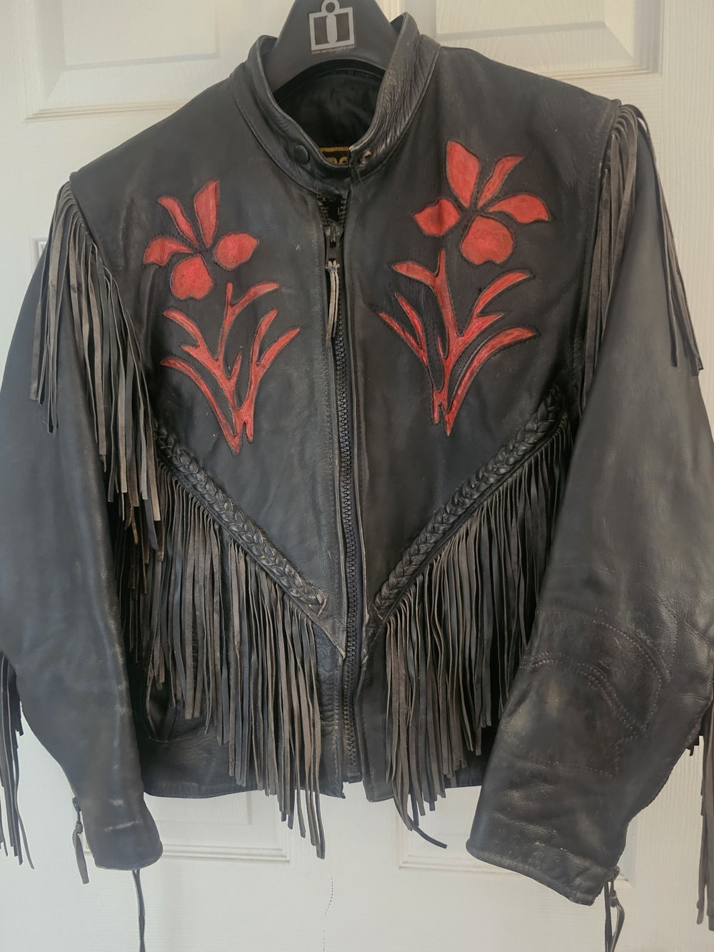 Vintage Hudson Jeans Black Leather Fringe Jacket with Red Floral Inlay